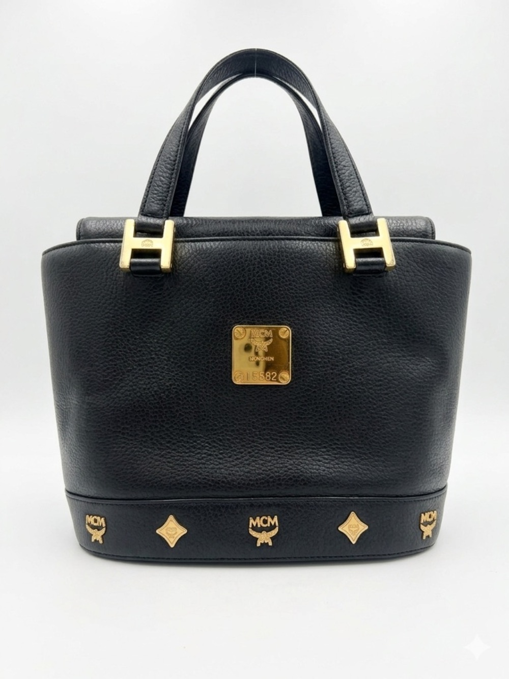 MCM München Black Grained Leather Small Satchel Bag Gold Hardware